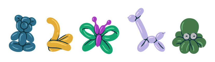 Set of five balloon animals and shapes including a teddy bear swan butterfly dog and octopus with butterfly decoration celebration sculpture illustration colorful creativity entertainment © Domestock
