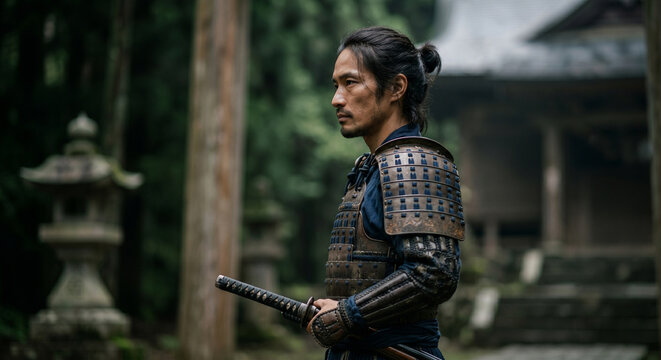 寺の境内で刀を持つ鎧姿の日本の武士