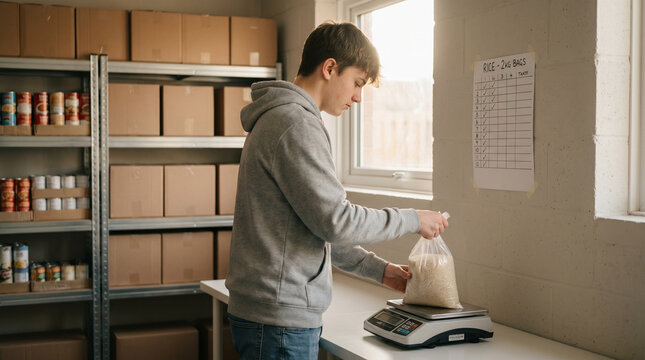 Solitary teenager volunteering at a food bank weighing bagged rice on a digital scale inside a modest sorting room, shelves stacked high beh 3