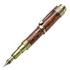 Fototapeta premium Vintage Wooden Fountain Pen with Gold Accents Isolated on White Background