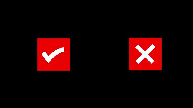 Check box icon with right and wrong buttons and yes or no. Animated pop-up green check mark and red cross symbol on black background. Green check mark and red cross symbol 4k animation