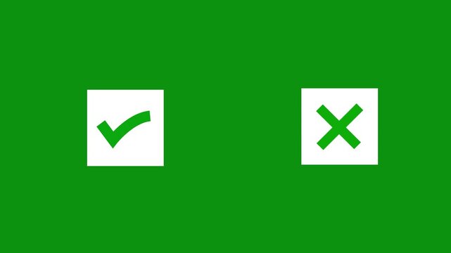 Check box icon with right and wrong buttons and yes or no. Animated pop-up green check mark and red cross symbol on black background. Green check mark and red cross symbol 4k animation