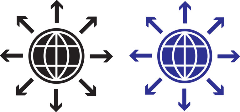 international network design. globe with eight arrows pointing outwards. Global network and worldwide distribution icon set with globe and arrows
