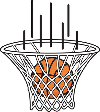 Flat vector illustration of a basketball dropping straight down through a hoop net. Dynamic action graphic with vertical motion lines, perfect for score celebrations, slam dunks, sports web designs.