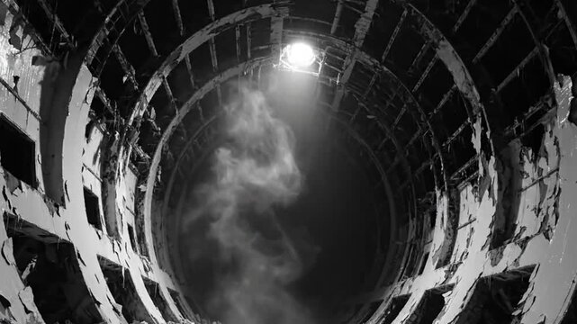 Black and white abstract shot of a deteriorating round structure with a beam of light shining from the top