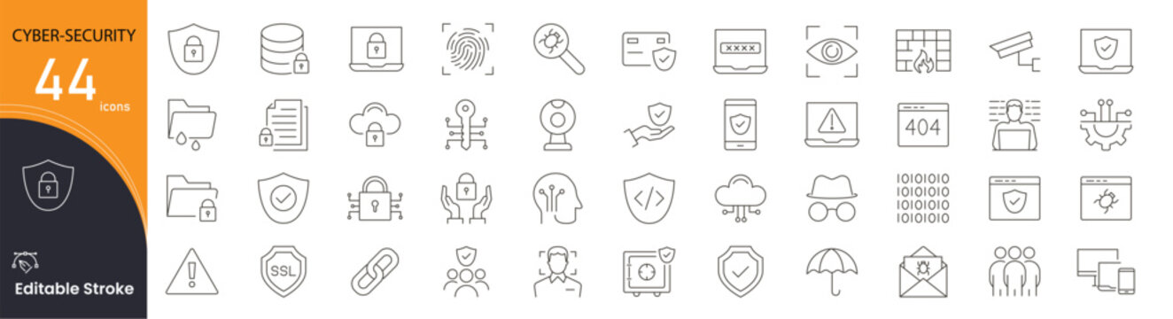 Cyber security icons set representing data protection, firewall, encryption, hacking prevention, secure network, privacy, authentication and digital safety . Editable Stroke.