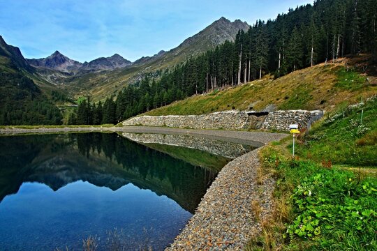 Austrian Alps - view of the Dias reservoir and the peaks of the Alps