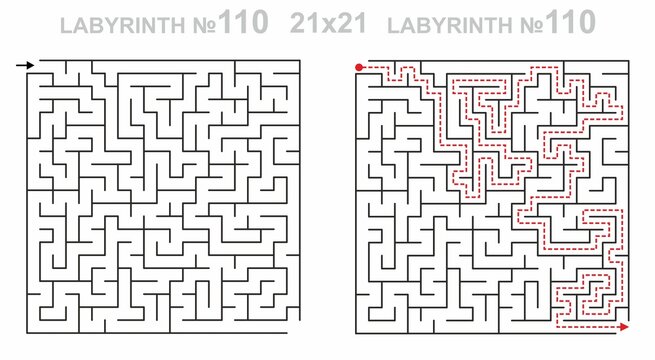 Solved maze vector 21x21 with answer key. Square labyrinth for kids activity. Maze challenge with answers. Easy to use.