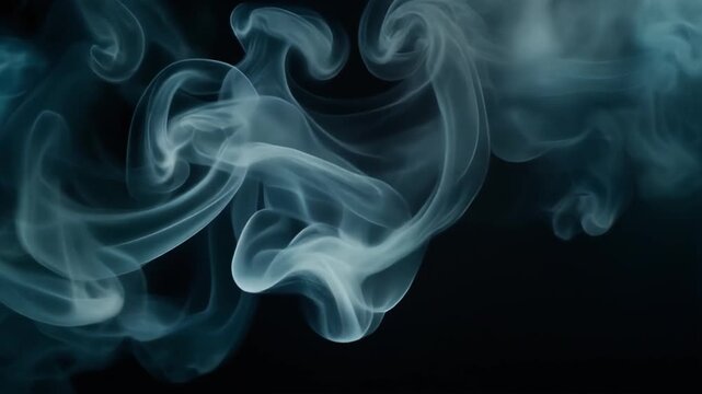Abstract white smoke swirling elegantly against a deep black background in a slow motion cinematic studio video sequence capture