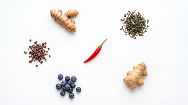 Anti-inflammatory ingredients triangle layout overhead white background food photography
