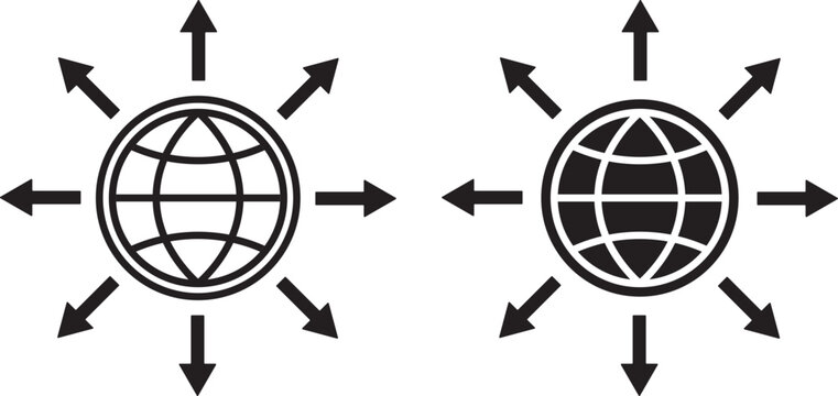 worldwide distribution symbol. international network design. globe with eight arrows pointing outwards. Global network and worldwide distribution icon set with globe and arrows