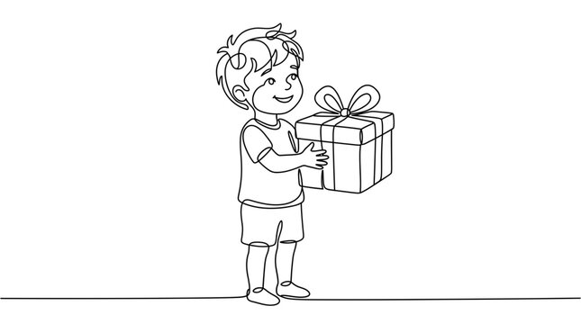 A cute little boy holding a wrapped gift box in a black and white line art illustration.