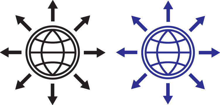 worldwide distribution symbol. international network design. globe with eight arrows pointing outwards. Global network and worldwide distribution icon set with globe and arrows