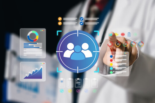 Healthcare analytics management, doctor selecting patient dashboard with medical charts, care coordination and quality improvement