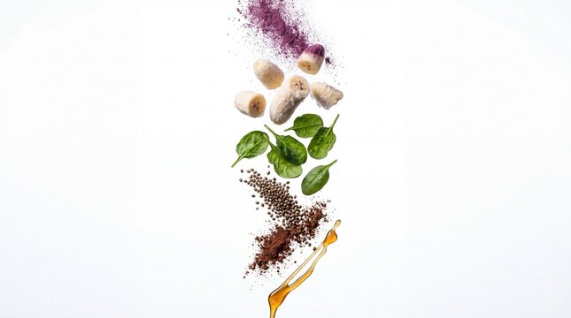 Smoothie bowl ingredients vertical drop stack falling mid-air white background isolated
