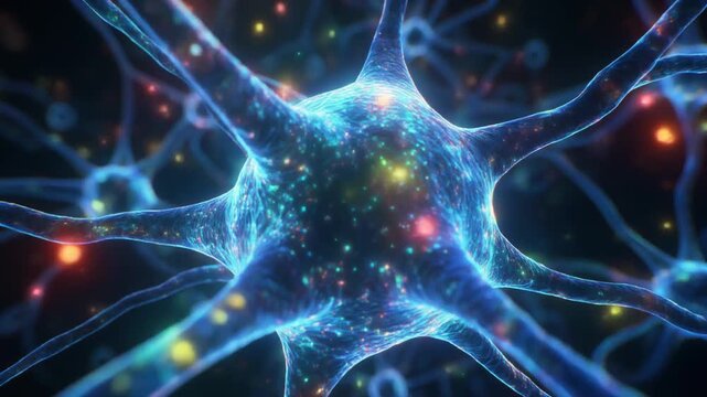 Neural network simulation showing intricate blue glowing synapses firing electrical signals through a complex biological brain structure in motion