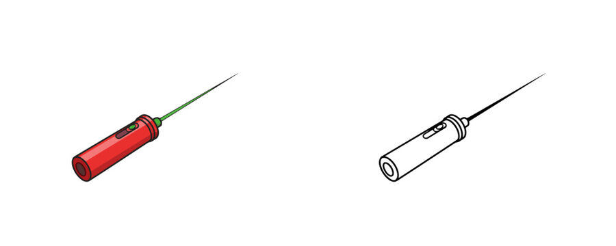 Laser pointer presented in flat color and black line styles with red body and green beam on white background for presentation guidance or pet entertainment