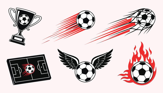 Flaming soccer ball set vector illustration featuring fire soccer balls sports icons for competition team play championship design