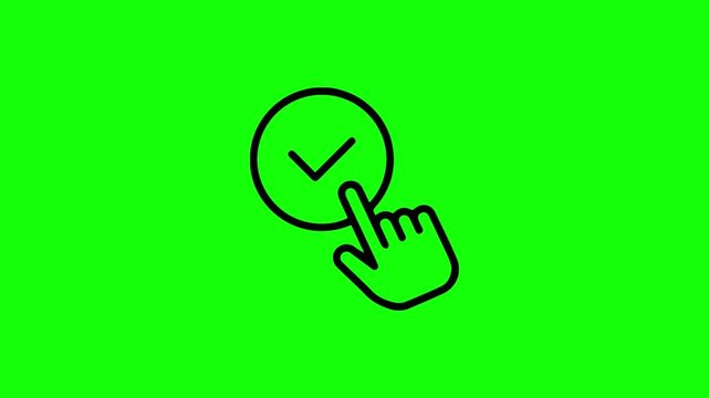 Hand cursor clicking a check mark button icon animation on a green screen for web interface
