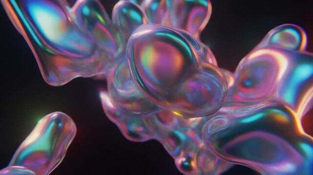 Iridescent liquid metal shapes morphing in constant motion creating a hypnotic flow for modern digital art and abstract visual projects