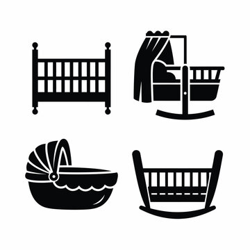 Four black silhouette icons of baby cribs and cradles