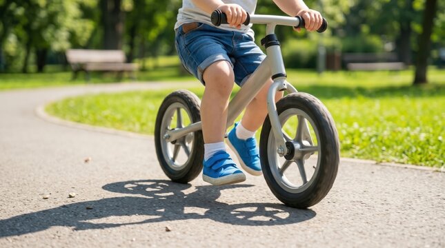 Child riding a balance bike on a paved path in a park, surrounded by green grass and trees, with sunlight casting shadows on the ground, showcasing a playful outdoor activity for young children