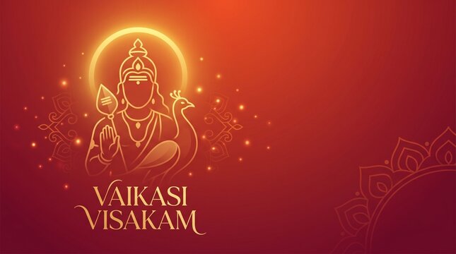 Vaikasi Visakam festival illustration featuring Lord Murugan with his peacock in a glowing outline style on a vibrant red and orange background.