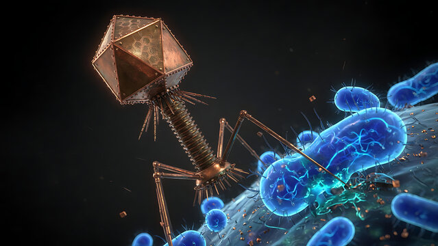 Bacteriophage virus infecting bacteria, microbiology illustration, viral infection, microscopic view