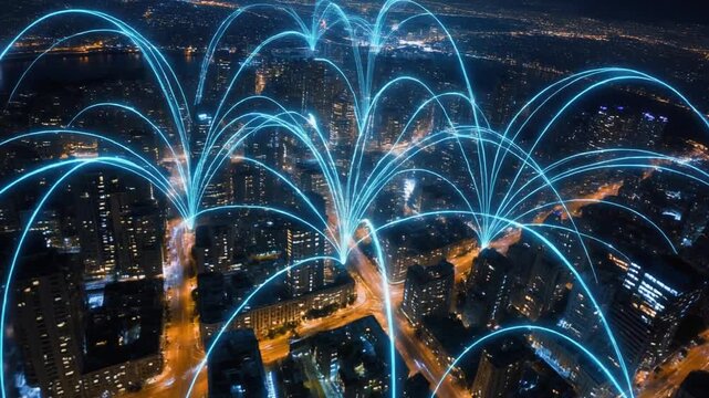 Glowing blue data network lines connecting modern city buildings during the night in this dynamic high quality cinematic video clip