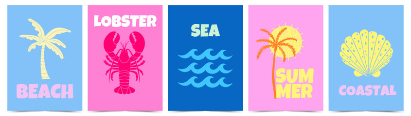 Fototapeta premium Summer travel poster set with palm trees, sun and lobster in funky retro style. Tropical print collection for wall art, greeting cards, nursery decor and stationery. Vector illustration