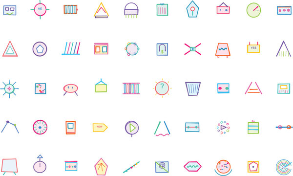 Hand Drawn Colorful Doodle Icon Set, Minimalist Geometric Vector Symbols, Abstract Linear Sketches, Creative Graphic Design Elements for Web and Apps, Vibrant Fun Shapes