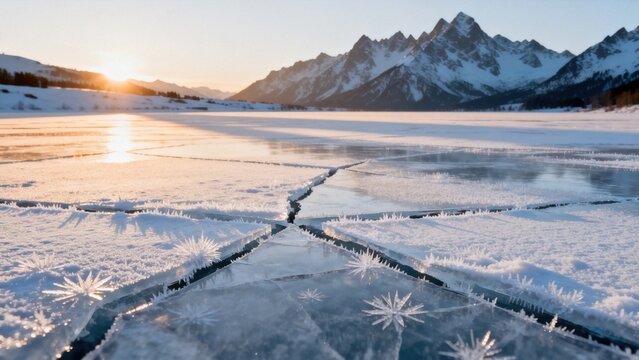 Frozen lake with snowcovered mountains