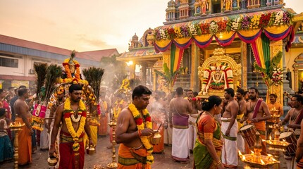 Fototapeta premium Hindu devotees participate in a vibrant religious procession outside a beautifully decorated temple during a spiritual festival.