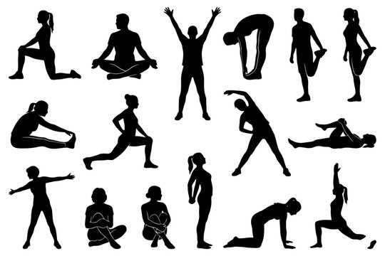 Silhouettes of diverse yoga poses by various individuals.