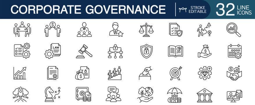 Corporate governance and business ethics line icon set. Vector collection of compliance, legal, finance, and management symbols for professional design.