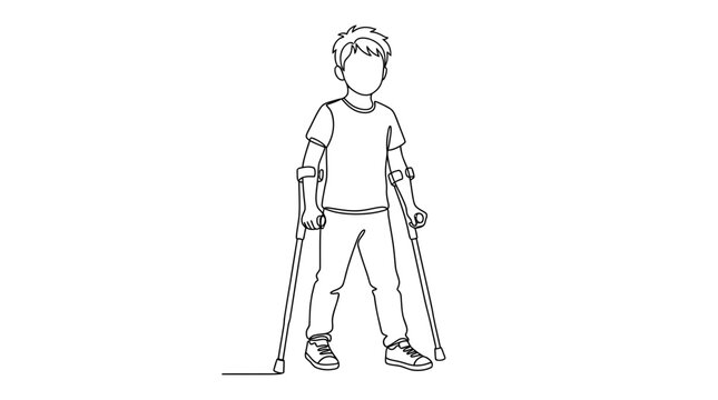 A black and white line drawing of a young boy standing with crutches.
