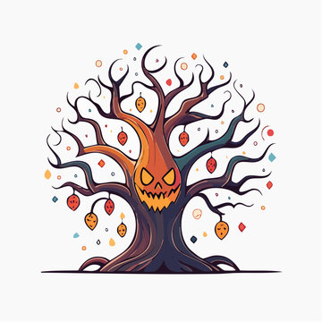 Spooky Halloween Tree with Jack-o'-lantern Face and Ornaments