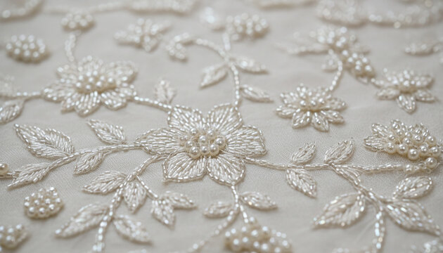 Haute Couture bridal embroidery with natural seed pearls on ivory silk