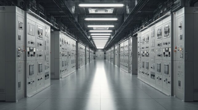 Data center server racks and mainframes filling a long corridor, providing robust networking, storage, and cloud computing infrastructure for modern technology