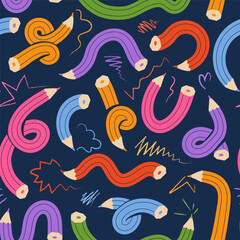 Fototapeta premium Creative repeat pattern featuring colorful bent and knotted pencils with crayon scribbles on a navy blue background. Artistic surface design for stationery, school supplies, and textile prints