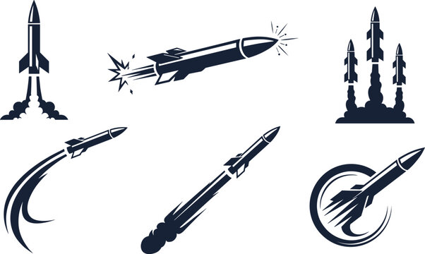 Ballistic Missile and Rocket Strike Icon Set - Strategic Weapon Silhouettes