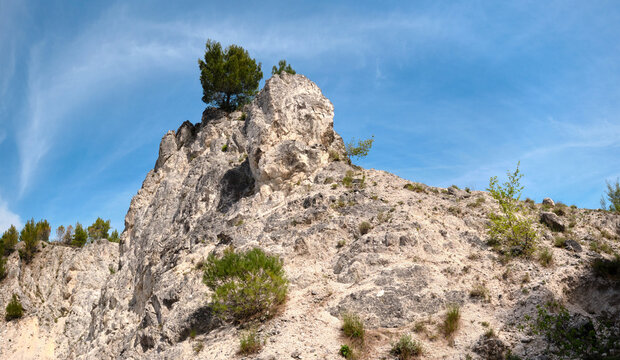 Skadar Lake ridge with limestone peak and pine trees under clear blue sky
