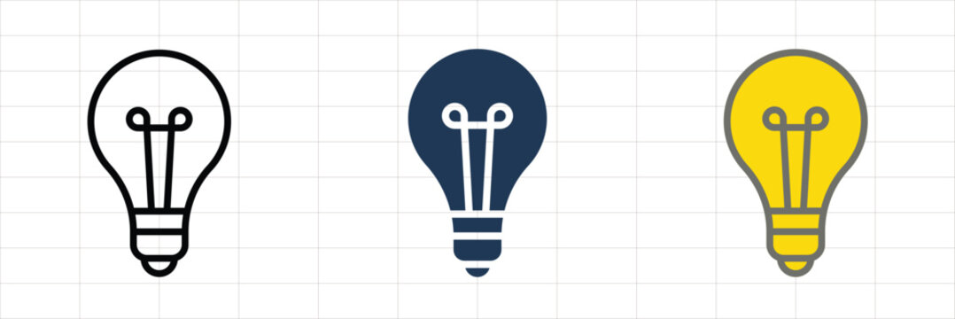 Light bulb icon set in outline solid and flat style for idea and creativity concept