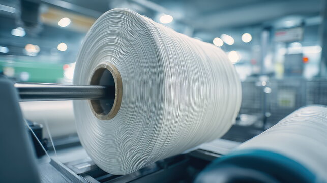 Industrial textile machine creating large spools of strong white thread, highlighting modern manufacturing, automation, and continuous production in a yarn factory