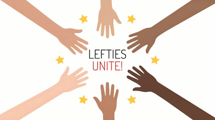left handed people unite, diverse hands with text