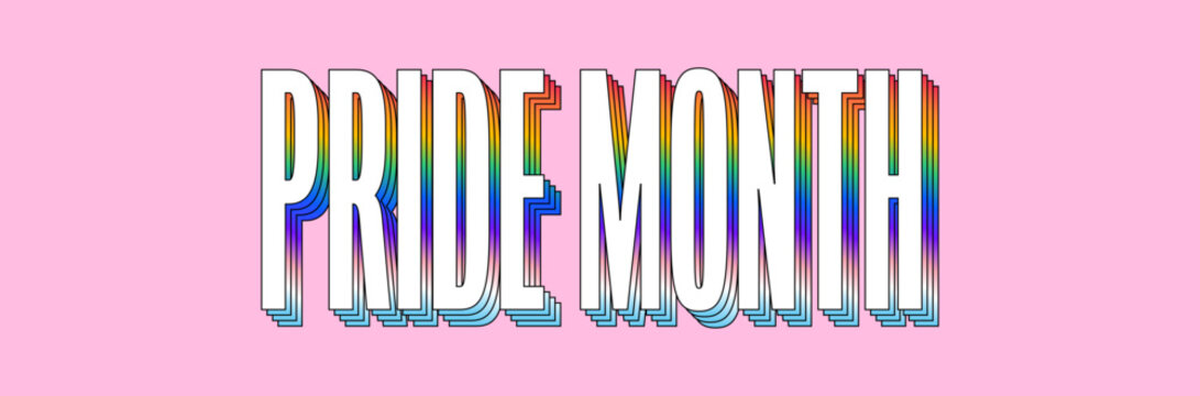 Pride Month Typography with LGBTQ+ Rainbow Gradient Shadow. Pride Month Web Banner Creative Vector Illustration with 'Pride Month' Rainbow Text.