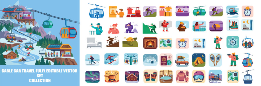 Cable car travel fully editable vector set collection, winter mountain resort icons, skiing and snowboarding vacation elements, alpine tourism graphics