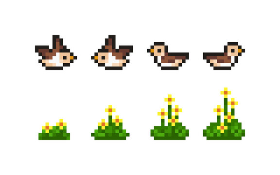 A set of pixel art game asset sprites featuring a sparrow flying bird in four animation frames and yellow wildflowers with green stems. This retro 8-bit asset pack is for platformer game environments