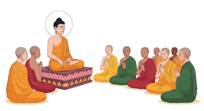 The Buddha preaching to his disciples and monks in a traditional illustration style vector.