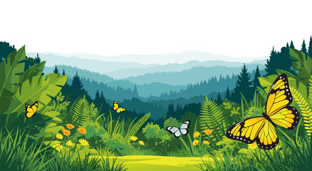 Fototapeta premium Vibrant vector illustration of a lush green forest landscape filled with colorful butterflies and exotic plants under a clear blue sky, perfect for nature themes